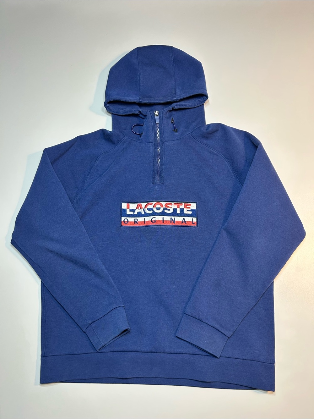 Lacoste Original Blue Half Zip Hooded Sweatshirt Embroidered Box Logo Cotton